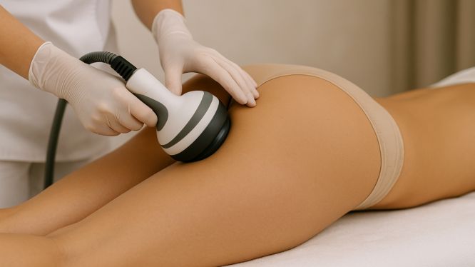 Kosmetikerin führt RF Sculpt Radiofrequenzbehandlung am Po durch, zur Cellulite-Reduktion und Hautstraffung in Hanau.