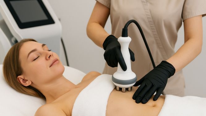 Kosmetikerin führt RF Sculpt Radiofrequenzbehandlung am Bauch einer Frau durch, zur Hautstraffung und Body Contouring in Hanau.